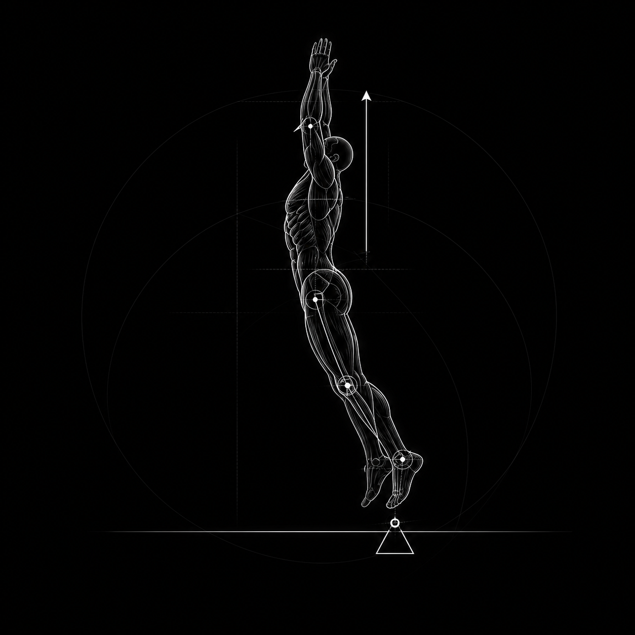 Anatomical illustration of a vertical jump showing force and motion